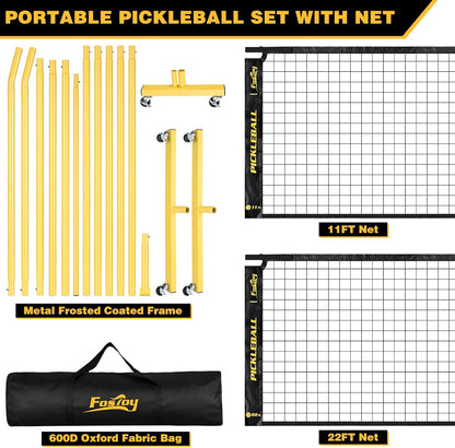 Portable Pickleball Net Set with Wheels, Regulation Size 22 FT & Half Court 11 FT, Steady Metal Frame Pickle Ball Net Set System with Carry Bag for Backyards, Driveways, and Garages