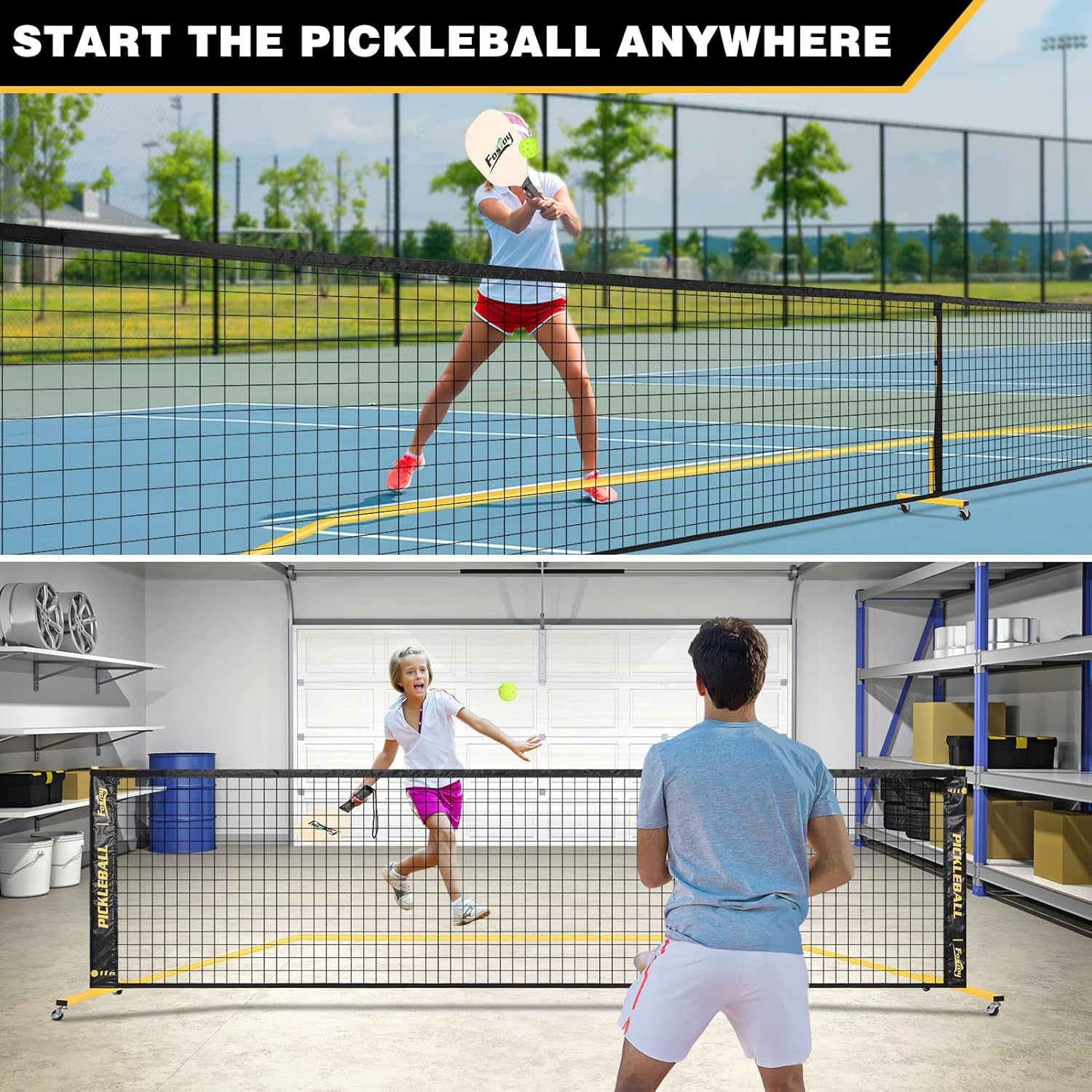 Portable Pickleball Net Set with Wheels, Regulation Size 22 FT & Half Court 11 FT, Steady Metal Frame Pickle Ball Net Set System with Carry Bag for Backyards, Driveways, and Garages