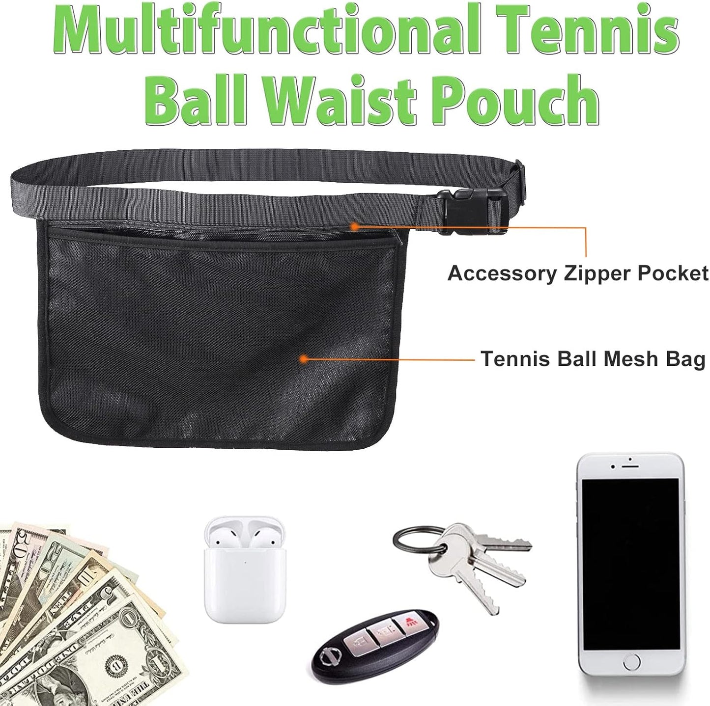 Adjustable Tennis Ball Band Holder, Pickleball Waist Pouch Holder, Mesh Waist Hip Ball Bag Pouch Carrier, Fanny Pack Holding 8-10 Tennis or Pickleball, Waist Hip Bag for Tennis, Cycling, Golf