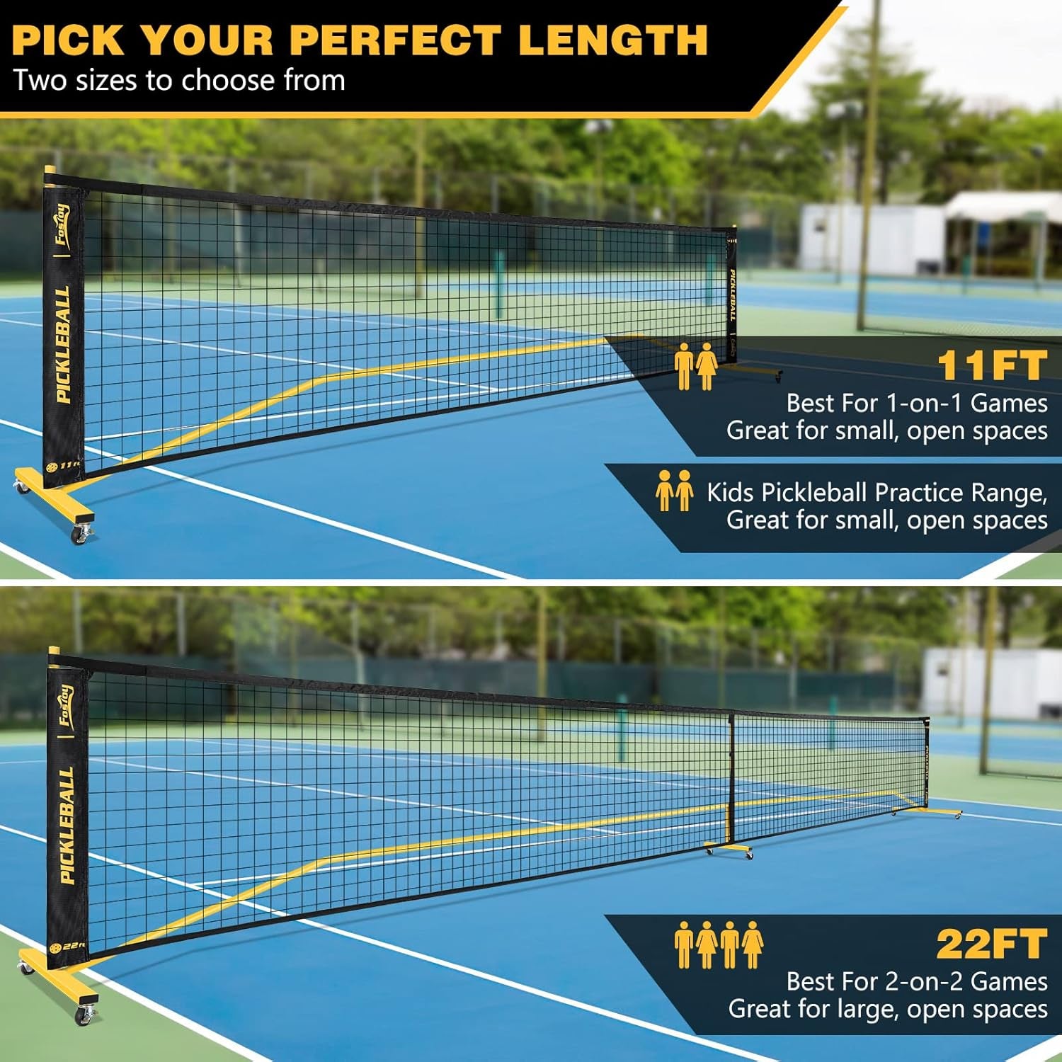 Portable Pickleball Net Set with Wheels, Regulation Size 22 FT & Half Court 11 FT, Steady Metal Frame Pickle Ball Net Set System with Carry Bag for Backyards, Driveways, and Garages