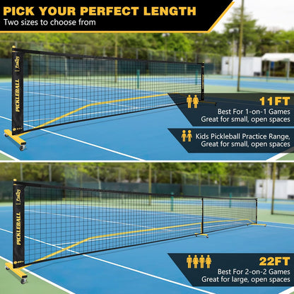 Portable Pickleball Net Set with Wheels, Regulation Size 22 FT & Half Court 11 FT, Steady Metal Frame Pickle Ball Net Set System with Carry Bag for Backyards, Driveways, and Garages