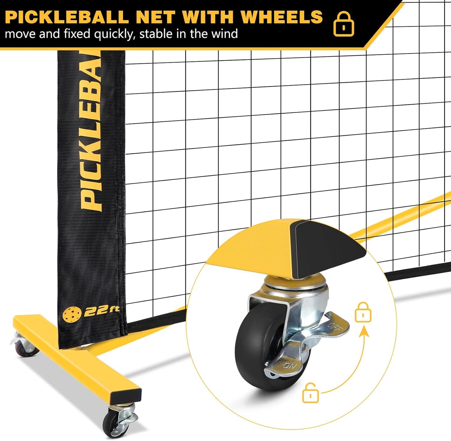 Portable Pickleball Net Set with Wheels, Regulation Size 22 FT & Half Court 11 FT, Steady Metal Frame Pickle Ball Net Set System with Carry Bag for Backyards, Driveways, and Garages