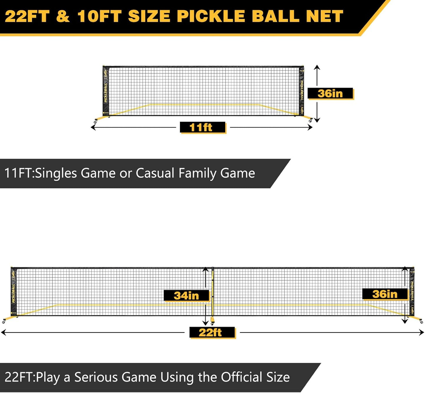 Portable Pickleball Net Set with Wheels, Regulation Size 22 FT & Half Court 11 FT, Steady Metal Frame Pickle Ball Net Set System with Carry Bag for Backyards, Driveways, and Garages