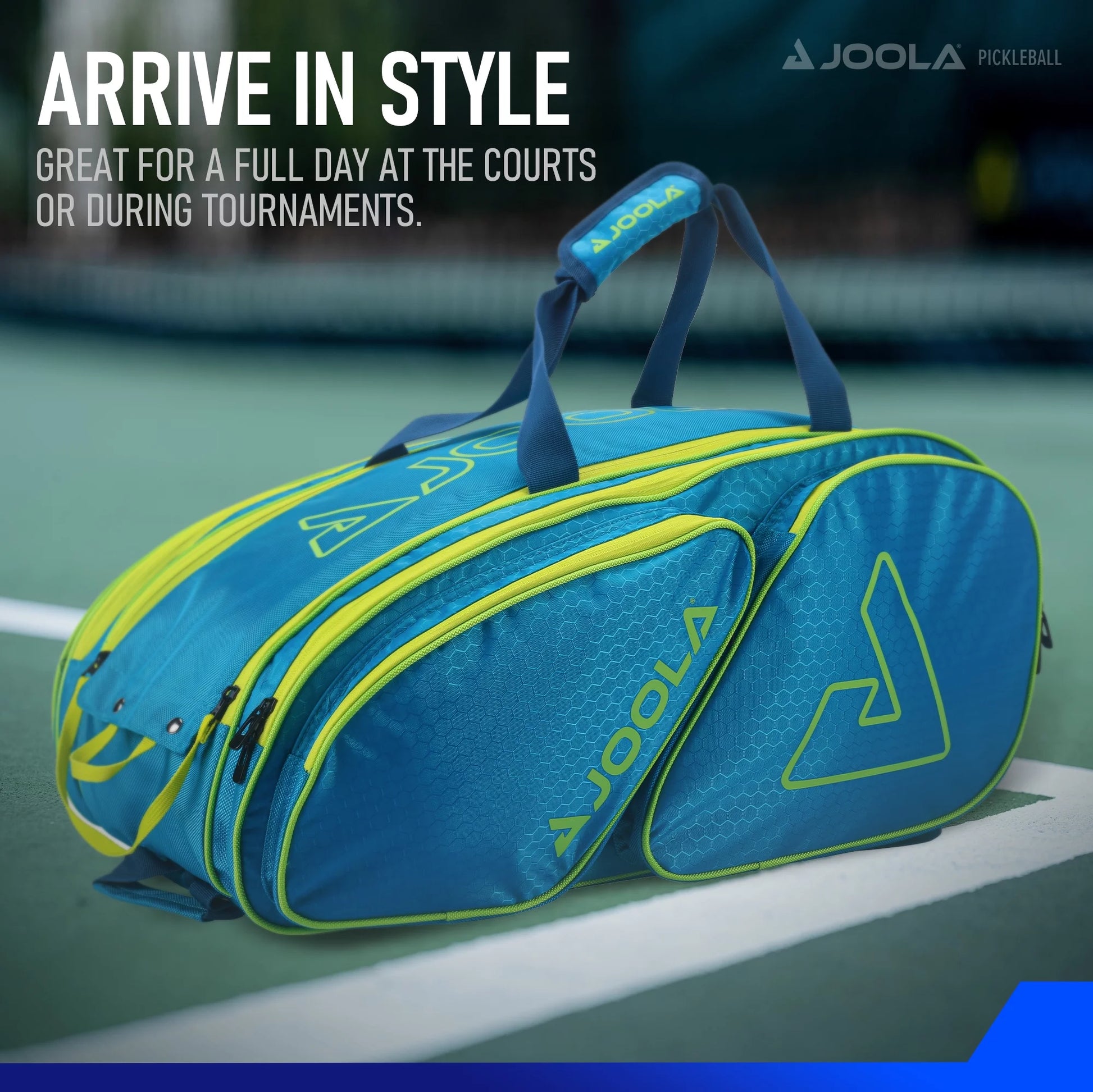 Tour Elite Pickleball Bag, Backpack, Duffle Bag, Holds 4+ Paddles, Blue/Yellow