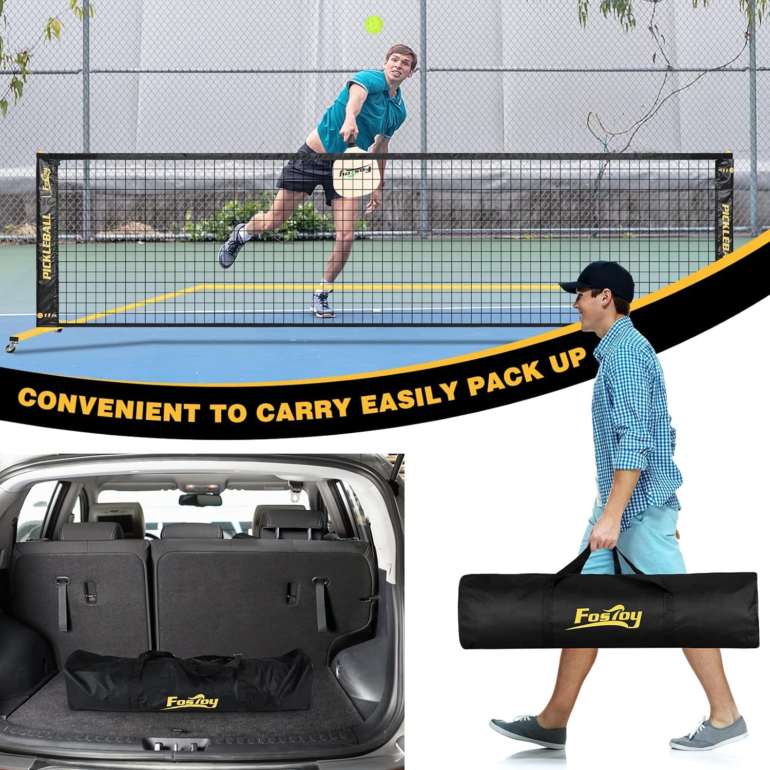 Portable Pickleball Net Set with Wheels, Regulation Size 22 FT & Half Court 11 FT, Steady Metal Frame Pickle Ball Net Set System with Carry Bag for Backyards, Driveways, and Garages