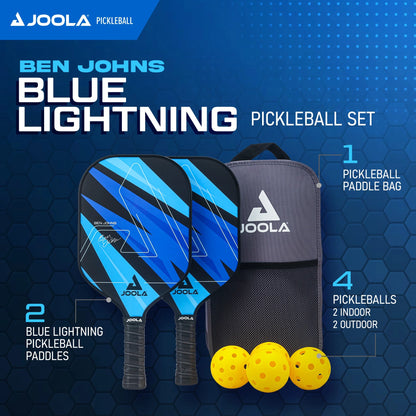 Ben Johns Blue Lightning Pickleball Set, 2 Paddles, Paddle Bag, 4 Balls, Blue