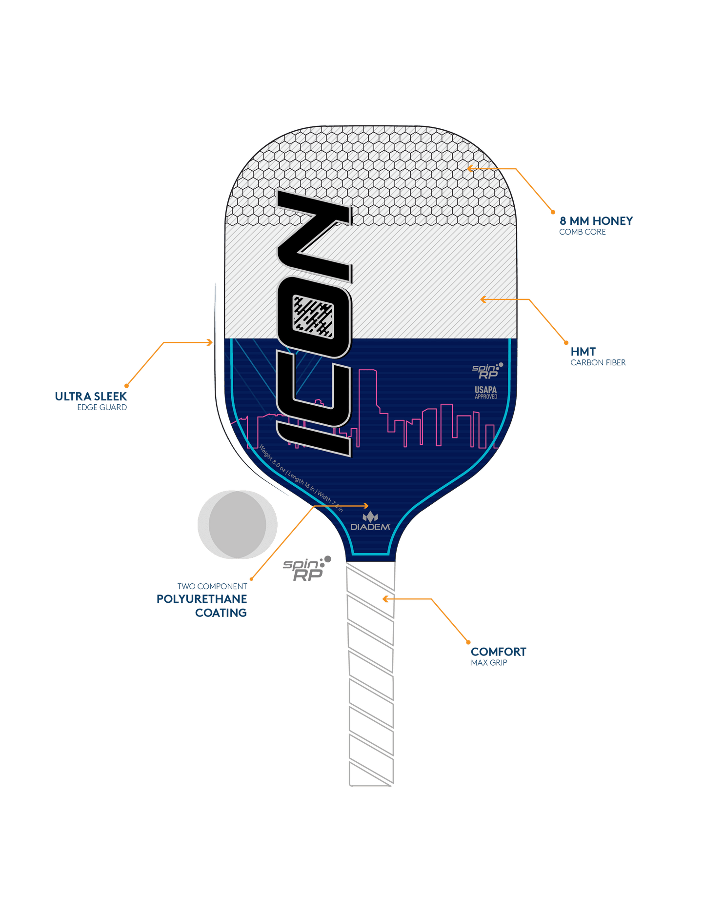 Icon Pickleball Paddle,Midweight Carbon Fiber, 8 Oz, White