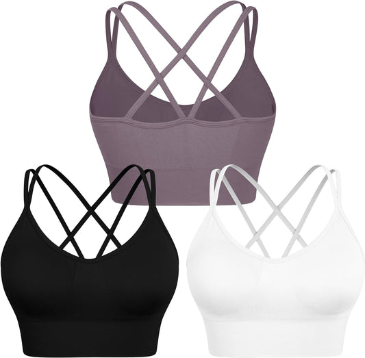 Women Strappy Sports Bra for Women,Cross Back Sports Bra Padded Yoga Bra 3 Pack Medium Support Workout Bra