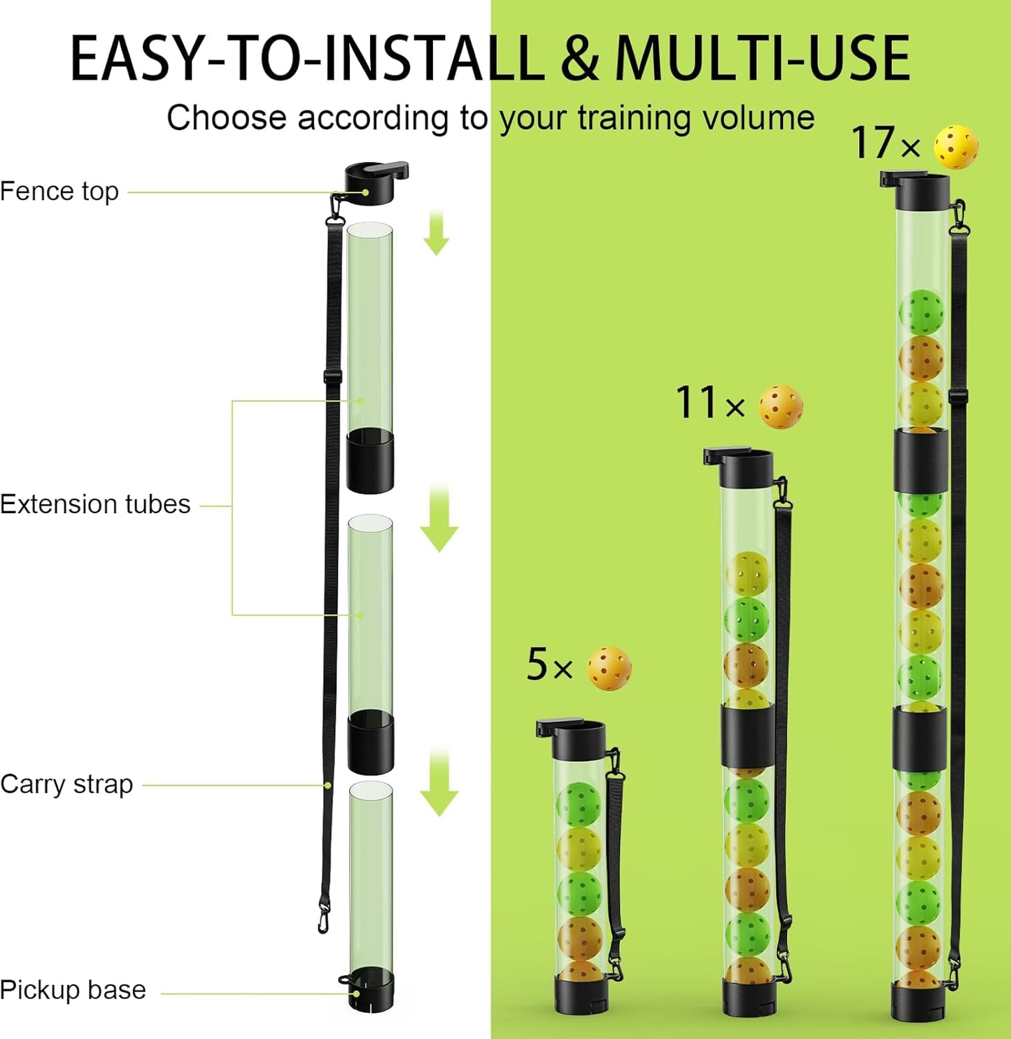 17 Balls Pickleball Ball Retriever & Ball Holder Storage with Strap, Back Saver for Pickleball Accessories, Quick for Pickleball Tube Ball Pickup