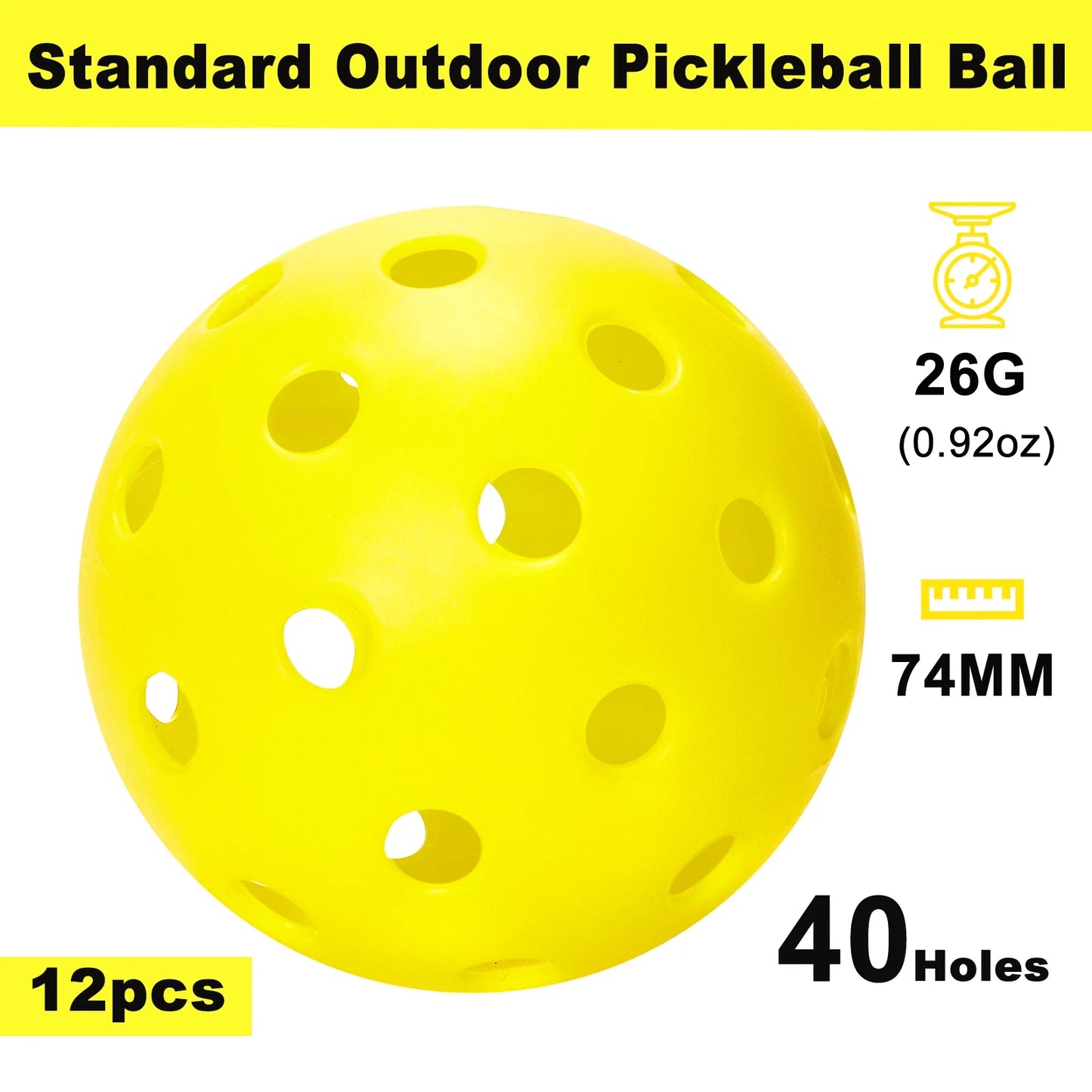 12 Pack Outdoor Pickleball Balls , Training Practice Pickle Ball, High Visibility & Durable Pickleballs(Yellow)