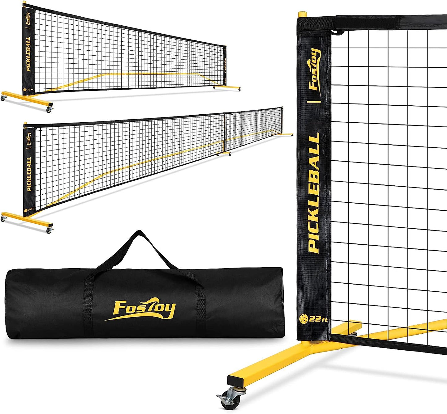 Portable Pickleball Net Set with Wheels, Regulation Size 22 FT & Half Court 11 FT, Steady Metal Frame Pickle Ball Net Set System with Carry Bag for Backyards, Driveways, and Garages