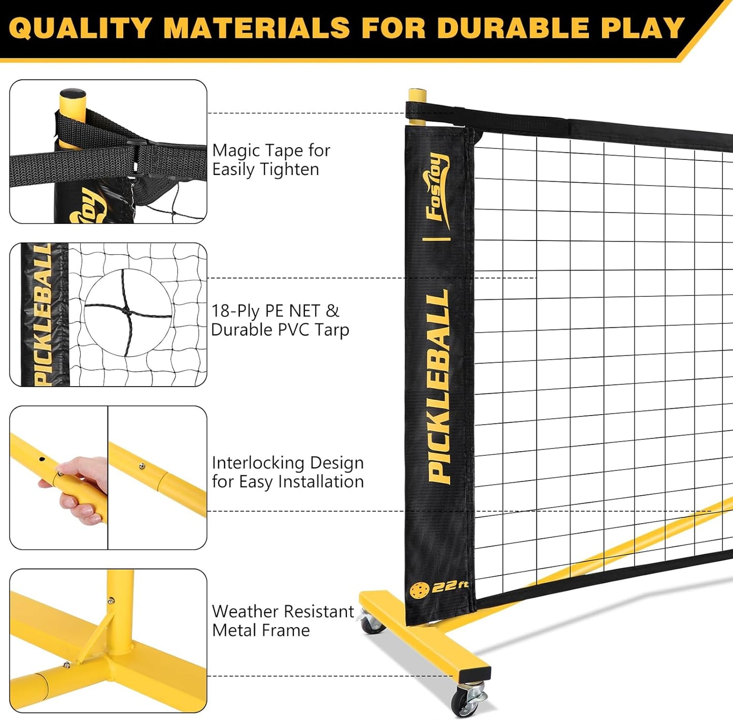 Portable Pickleball Net Set with Wheels, Regulation Size 22 FT & Half Court 11 FT, Steady Metal Frame Pickle Ball Net Set System with Carry Bag for Backyards, Driveways, and Garages