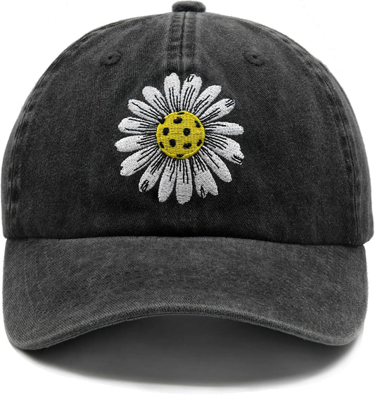 Pickleball Hat for Women, Ajustable Embroidered Daisy Washed Denim Baseball Cap